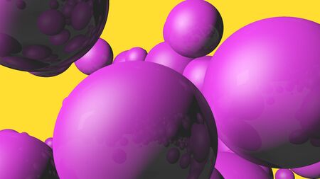 3d rendering Spheres Abstract background glossy Pink bubbles balls on yellow backgroundの写真素材