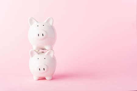 International Friendship Day, Front stack two small white fat piggy bank, studio shot isolated on pink background and copy space for use, Finance, deposit saving money conceptの写真素材