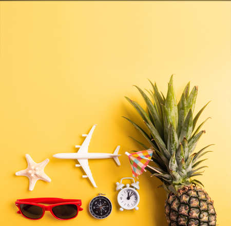 Celebrate Summer Pineapple Day Concept, Top view flat lay of funny pineapple, sunglasses, model plane, starfish and clock alarm isolated on yellow background, Holiday summertime in tropicalの写真素材