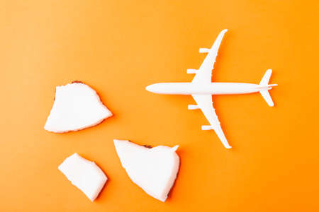 Happy coconuts day concept, fresh coconut group pieces slices and aircraft model, studio shot...