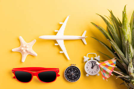 Celebrate Summer Pineapple Day Concept, Top view flat lay of funny pineapple, sunglasses, model plane, starfish and clock alarm isolated on yellow background, Holiday summertime in tropicalの写真素材