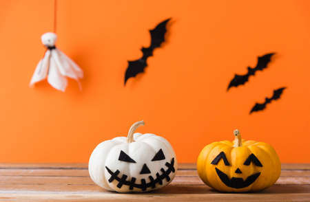 Funny Halloween day decoration party, Cute pumpkin ghost spooky jack o lantern face, black spider...