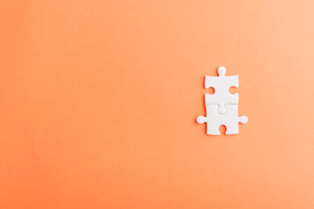 Top view flat lay of two paper plain white jigsaw puzzle game last pieces for solve, studio shot on...