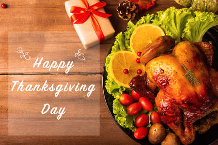 Thanksgiving baked turkey or chicken and vegetables, Christmas dinner feast food decoration, studio...