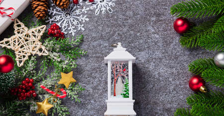New Year template with Christmas decoration holidays. Top view above of border green fir tree...