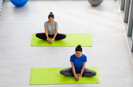 Two Asian women sporty attractive people practicing yoga lesson together, working out at the fitness...