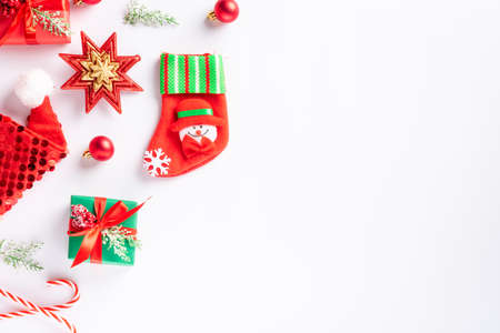 Christmas holiday composition decorations, top view flat lay of with copy space isolated on white...