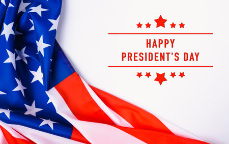 United States National Holidays. American or USA Flag with "HAPPY PRESIDENT'S DAY" text on white background, President Day conceptの写真素材