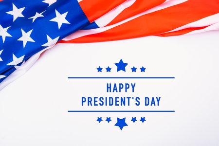 United States National Holidays. American or USA Flag with "HAPPY PRESIDENT'S DAY" text on white background, President Day conceptの写真素材