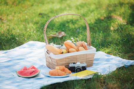 Picnic wattled basket with bread food and fruit, Ukulele, a retro camera on blue cloth in green grass garden with copy space at sunny summertimeの写真素材