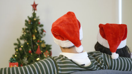 Happy Asian beautiful young family couple husband and wife sitting on sofa wearing a santa hat in front of fireplace at warm home Christmas winter hugging living room, back view,の写真素材