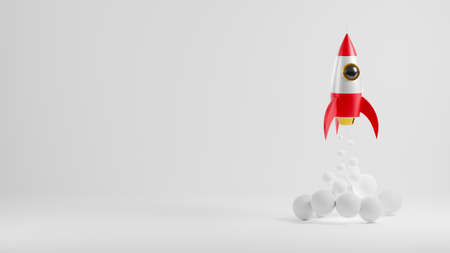 Rocket launch have smoke in the sky flying over clouds, Concept of business product market startup with copy space on white background, Space travel to the moon, 3D rendering illustrationの写真素材