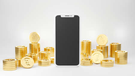 Smartphone golden model mock up with golden coin stacks, business finance investment profit...