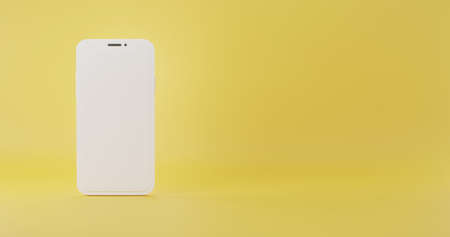 Smartphone golden model mock up white color blank screen render, Minimal mobile phone isolated on yellow background, 3D rendering illustrationの写真素材