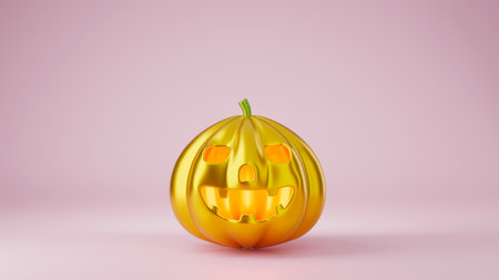 Golden pumpkin of happy Halloween day concept isolated on pink background, Minimal design, Trendy fashion creative style, 3D rendering illustrationの写真素材