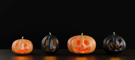 Black pumpkin and orange ghost faces is scary of happy Halloween day concept on stand podium on black background, Minimal design, 3D rendering illustrationの写真素材