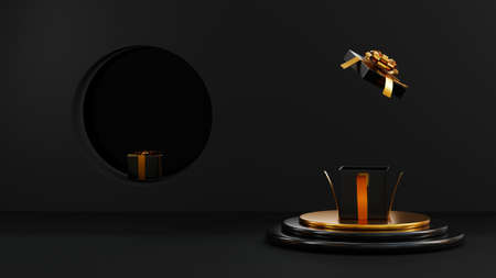 Black Friday Sale, Cylindrical podium display and gift boxes with gold ribbon bow, creative present template studio for product presentation on black background, 3D rendering illustration advertisingの写真素材