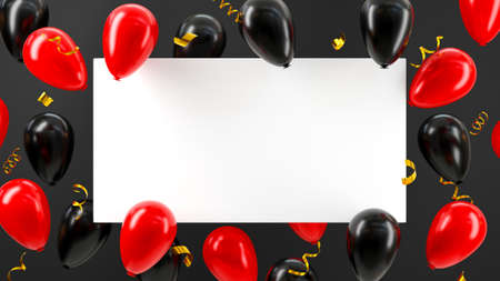 11.11 Single day sale. Banner red black balloon flying around white paper space for text on black background, banner template design, Sale promotion super shopping day concept, 3D render illustrationの写真素材