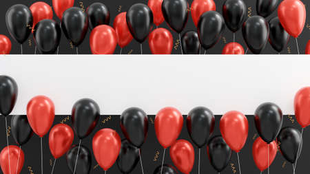 Black Friday sale concept, shiny red balloons flyer with white horizontal frame banner creative template on black background, 3D rendering illustrationの写真素材