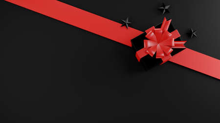 Black Friday Sale concept, Gift box close cover with golden ribbon bow modern premium design creative present template on black background, 3D rendering illustrationの写真素材