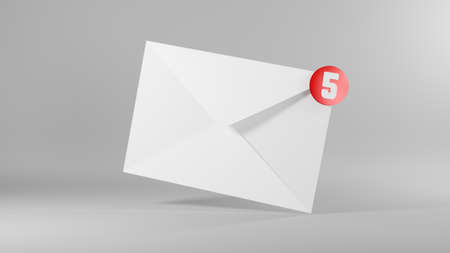 Envelope 3D E-mail icon and five messages notification, New incoming messages unread mail, SMS inbox or mailbox, logotype graphic element design on grey background, 3D rendering illustrationの写真素材