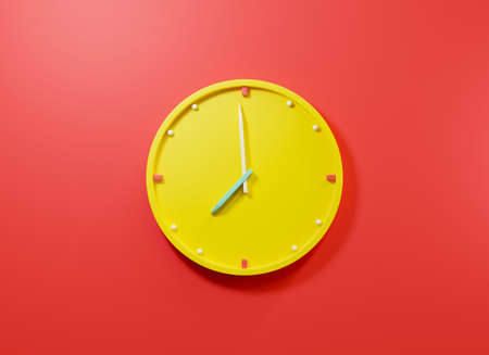 Office clock icon. Round business yellow watches with time arrows hour and minutes, clock face on red background, design element for web design, 3D rendering illustrationの写真素材