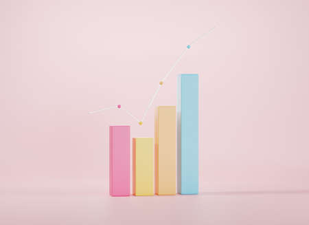 Bar chart graph growth diagram Infographics elements on pink background, Business info cube graphics bar table, finance web design, 3D rendering illustrationの写真素材