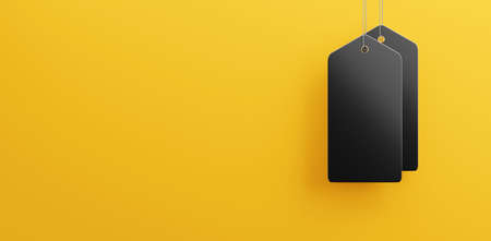 Black Friday Sale tag and the rope hanging,  Black Friday design creative present template with copy space on yellow background, 3D rendering illustration for advertisingの写真素材