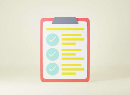 Clipboard checklist, survey paper list check marks report document on pastel background, sign symbol web site design icon, 3D rendering illustrationの写真素材