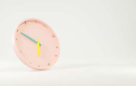 Office clock icon. Round business pink watches with time arrows hour and minutes, clock face on white background, design element for web design, 3D rendering illustrationの写真素材