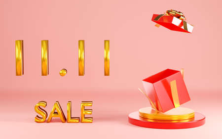 11.11 Single day sale. Banner with red gift box on podium scene on pink background, banner template design for social media and website, Sale promotion super shopping day concept, 3D illustrationの写真素材