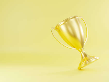 Golden trophy cup, Champion trophy, metallic shiny gold winner cup and victory, Sport game tournament award, studio shot on yellow background, 3D rendering illustrationの写真素材