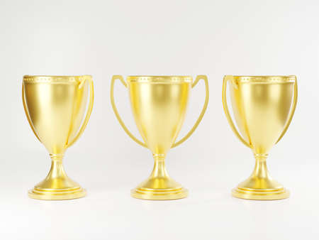 Golden trophy cup, Champion trophy, metallic shiny gold winner cup and victory, Sport game tournament award, studio shot on white background, 3D rendering illustrationの写真素材