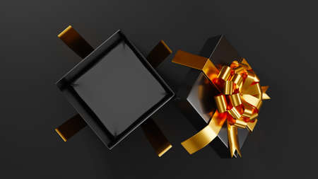 Black Friday Sale concept, Gift box open cover with golden ribbon bow modern premium design creative...