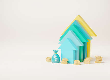 Arrow up bar graph increase, and coin stacks, money bag and dollar banknotes, Financial invest...