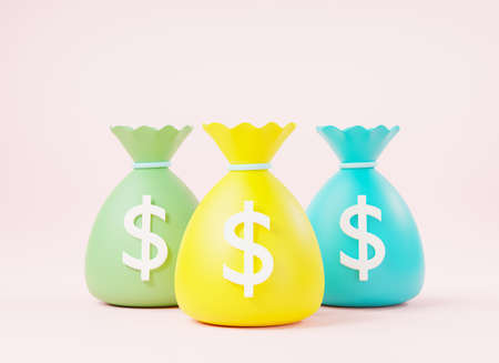 Three money bag with dollar icon cash, Canvas money sacks, business and finance, return on investment sign concept, moneybag simple cartoon on pink background, 3D rendering illustrationの写真素材