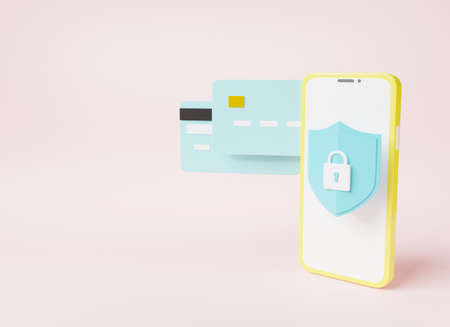 Secure mobile banking with credit card and lock shaped icon on pink background, smartphone security bank transaction money payment online Internet banking app protection, 3D rendering illustrationの写真素材