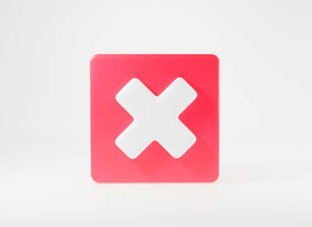 Red cross mark symbols icon element. Symbol No or X shape button for correct sign in square not approved, Simple mark graphic design on white background, stop symbol, 3D rendering illustrationの写真素材