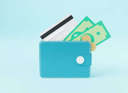 Leather wallet with credit cards, coins and banknote bill inside icon on blue background, finance...