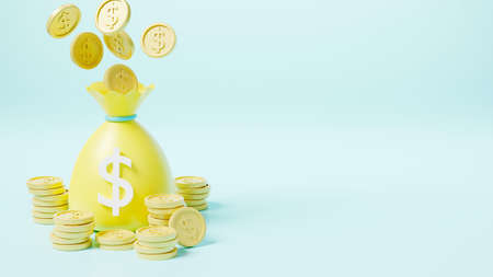Money bag with stack coins dollar icon, moneybag savings money or cash sack on blue background, finance earnings profit, 3D rendering illustrationの写真素材