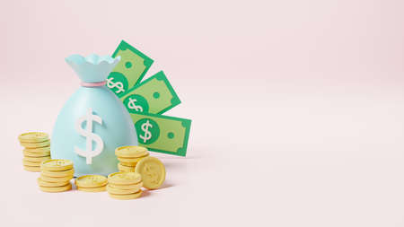 Money bag with stack coins and dollar banknote icon, moneybag savings money or cash sack on pink...