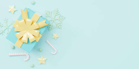 Merry Christmas and Happy New Year, Collection realistic gift boxes presents and decorative top view on blue background, Minimal decorated Christmas, Winter holiday season, 3D rendering illustrationの写真素材
