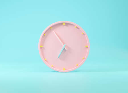 Office clock icon. Round business pink watches with time arrows hour and minutes, clock face on blue background, design element for web design, 3D rendering illustrationの写真素材