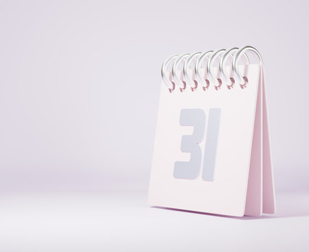 Desktop calendar against with last day year number 31, Pink standing month lined spring desk calendar and date on pink background, design element for web design, 3D rendering illustrationの写真素材
