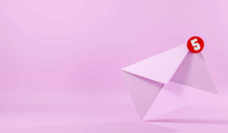 Envelope 3D E-mail icon and five messages notification, New incoming messages unread mail, SMS inbox or mailbox, logotype graphic element design on pink background, 3D rendering illustrationの写真素材