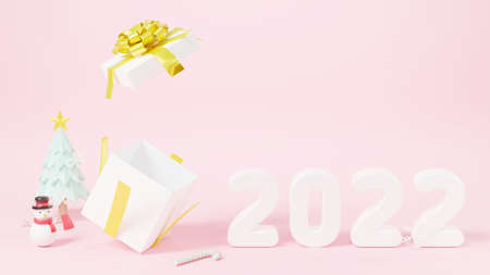 Happy New Year 2022 and Merry Christmas celebration greeting card, Christmas tree, snowman, gift box...