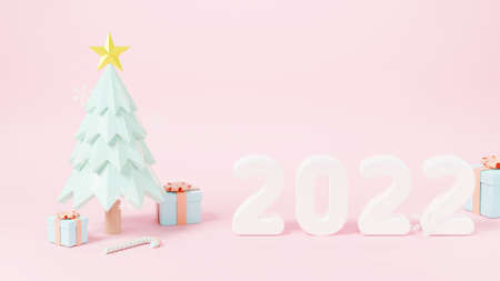 Happy New Year 2022 and Merry Christmas celebration greeting card, Christmas tree, gift box and 2022 number on pink background, Web poster banner, holiday icon design, 3D Rendering illustrationの写真素材