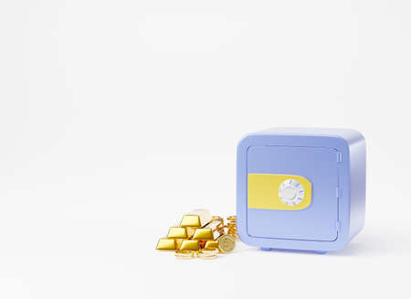 Security metal safe bank save vault deposit box with coins money and gold bar, money locker safe front view isolated on white background, wallet security finance icon concept, 3D rendering illustrationの写真素材