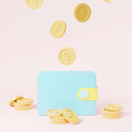 Gold coins fall into the wallet, Profit in the budget, Wallet money is passive income isolated on pink background, Iearnings profit success, sometric 3D rendering illustrationの写真素材