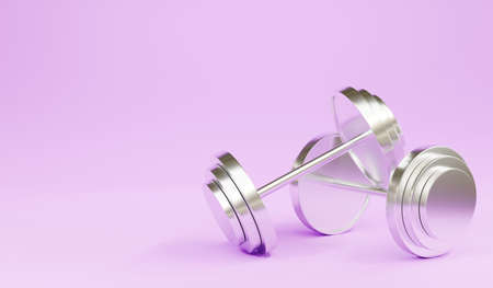 Two dumbbells against metal isolated on purple background, Gym fitness and accessories sports weight equipment symbol, 3D rendering illustrationの写真素材